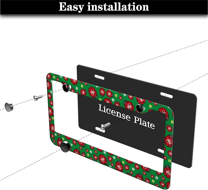 License Plate Frame Red Green License Plate Protector Cute Ladybug and Flowers Universal Aluminum Car Accessory 2 Pack with Screw Covers Set