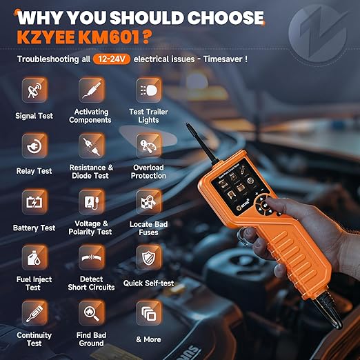 KZYEE KM601 Power Circuit Probe Kit, 12V-24V Automotive Circuit Tester with Battery Test, Multimeter, Oscilloscope, Fuel Injector, Short Circuit Finder, Component Activator, Current Probe, 30FT Cable