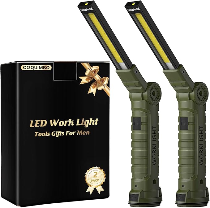 Coquimbo Tool Gifts for Men Him, Rechargeable LED Work Light Grill Light with Magnetic Base and Hook 5 Modes 360° Rotate Mechanic Light Birthday Gifts for Dad Husband Men (2 Pack Green)