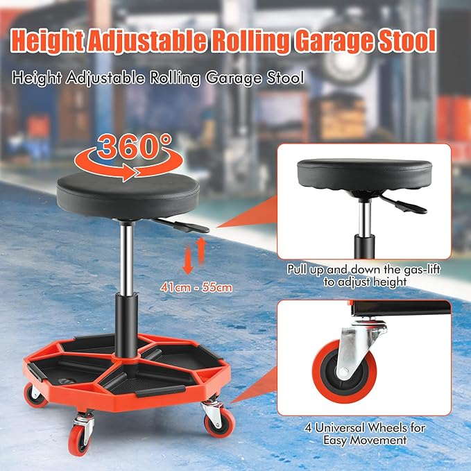 Adjustable Mechanic Rolling Stool, Pneumatic Rolling Stool with Wheels, Tool Storage Tray & Padded Seat Cushion, Garage Stool Chairs Creeper Seat (Red)