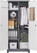GREATMEET 72.8" Broom Storage Cabinet, Utility Cabinets for Brooms and Mops, Metal Storage Cabinets for Cleaning Supplies, Utility Closet for Garage, Grey&White