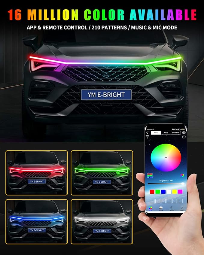 YM E-Bright Car Led Lights Exterior RGB Hood Light Strip Waterproof Multicolor Dynamic Scan Start Up Hoodbeam Kit DRL Daytime Running Lights for Cars,Truck,SUV,APP Remote Control,12V 59inch