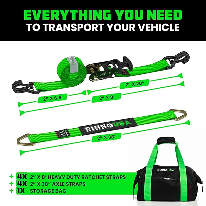 Rhino USA Car Tie Down Straps for Trailers with J Hooks (4-Pack) – 2" x8' (10,000lb Break Strength) – Heavy Duty Car Hauler Tire Straps with Axle Straps for UTV, Powersports & More – Green