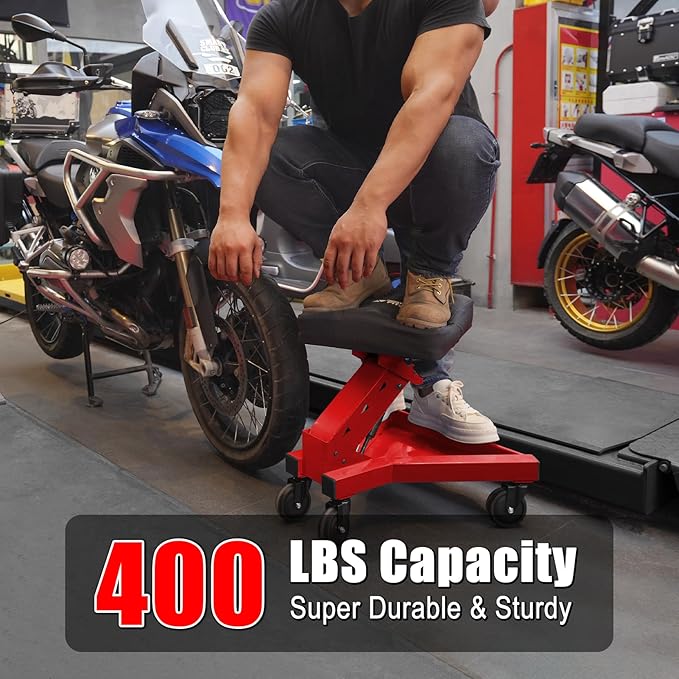 Mechanic Stool with Wheels, Hydraulic Adjustable Shop Stool on Wheels, Garage Work Rolling Chair for Workshop, 400 LBS Capacity, 4 Inch Casters, 360° Swivel Casters Roller Chair, Red