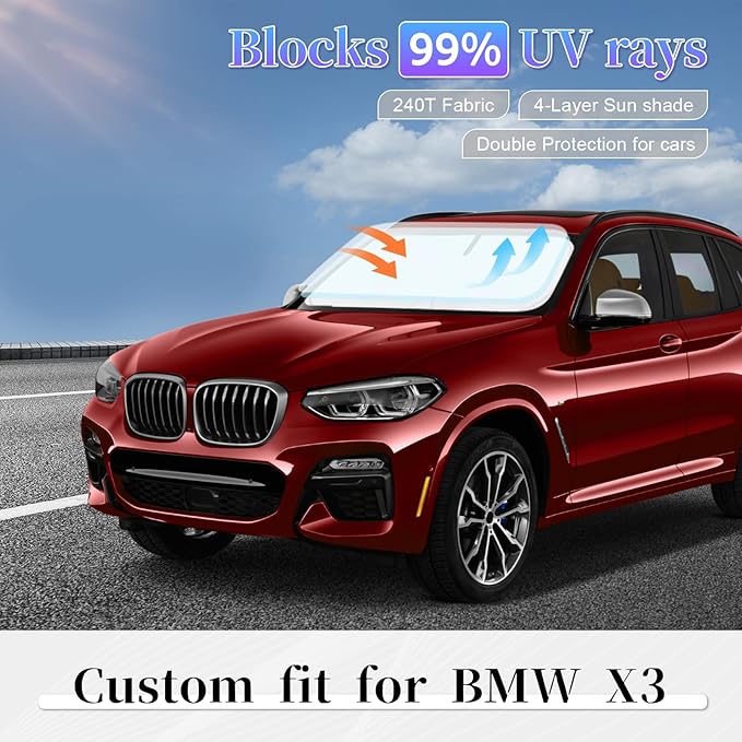 Sun Shade Sunshade for BMW X3 2018-2024 2025 Windshield Cover, 4-Layer Front Window Shade Custom fit X3 Base, xDrive28i, xDrive35i, M Sport SUV Sun Visor 240T Shade Blocks UV Rays Car Accessories