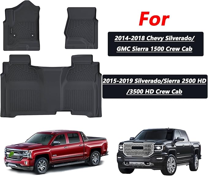 Floor Mats for 2014-2019 Chevy Silverado GMC Sierra 1500 Crew Cab, Chevrolet Silverado/Sierra 2500 HD/3500 HD Crew Cab TPE All Weather Protection Car Floor Liners Accessories