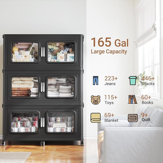 660 Qt Stackable Storage Bin with Lids, 165Gal Extra Large Collapsible Storage Boxes, Folding Plastic Drawer, Heavy-Duty Store Cabinet, Closet Organizer for Home Kitchen, 3 Pack Black