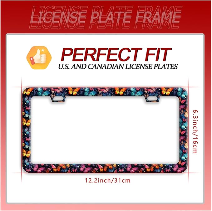 Butterfly License Plate Frame Funny Colorful License Plate Frames Stainless Steel Accessories Cars Decor with 2 Holes and Screws Fits Standard Us Ca Vehicles License Plate Holder 12.2 X 6 Inch