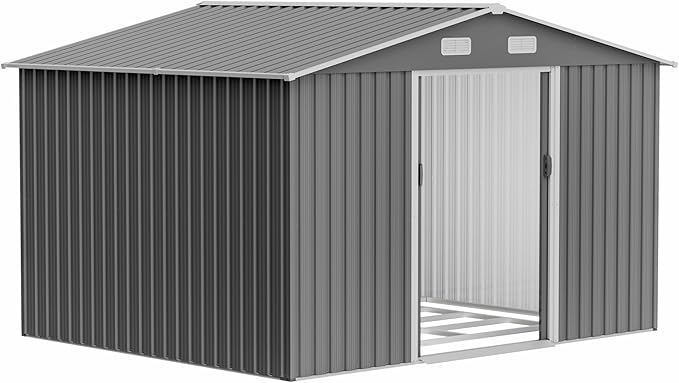 10X8 FT Outdoor Metal Storage Shed with Lockable Door & Floor Frame, Heavy-Duty Garden Tool Shed, Weatherproof Steel Utility Shed for Backyard, Patio, or Lawn Organization