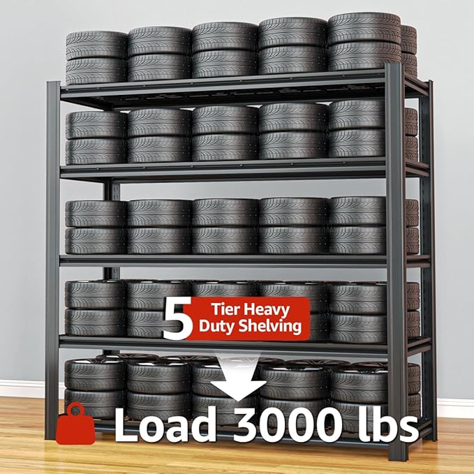 5 Tier Metal Shelving Unit 84" H x 55" W x 24" D, 3000LBS Adjustable Storage Shelves, Heavy Duty Garage Shelves for Warehouse, Basement, Kitchen, Pantry, Living Room, Black