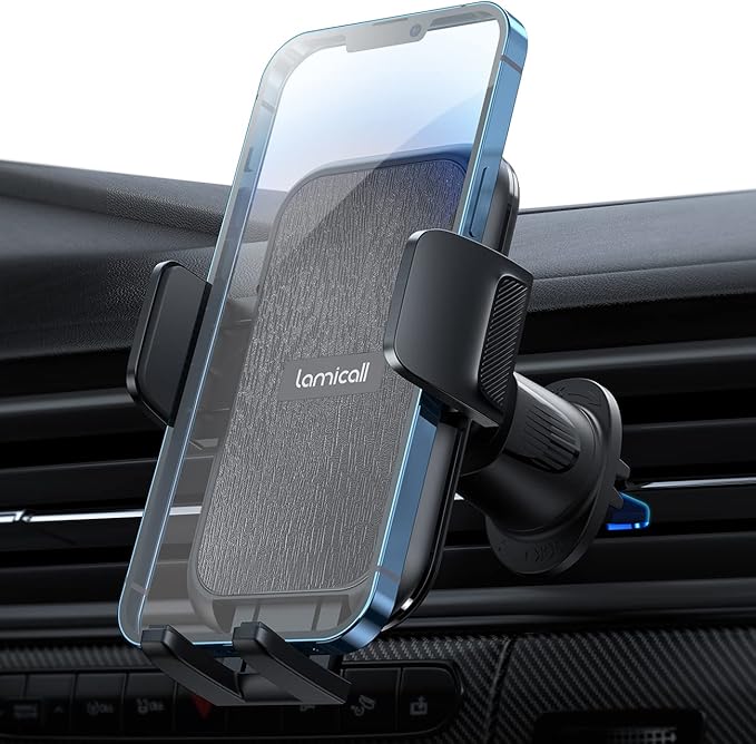Lamicall 2025 Wider Clamp & Metal Hook Car Phone Holder Vent [Thick Cases Friendly] Phone Holders for Your Car Mount Automobile Hands Free Cradle Air Vent for Smartphone (Wood Grain)
