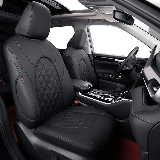 coverdream Custom Fit Camry Car Seat Covers for 2025 Toyota Camry XLE,XSE,Full Coverage Waterproof Leather Seat Protector(Full Set,Black/Red)
