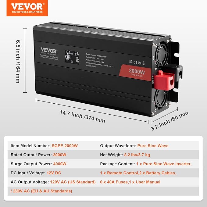 VEVOR Pure Sine Wave Inverter, 2000 Watt, DC 12V to AC 120V Power Inverter with 2 AC Outlets 2 USB Port 1 Type-C Port, LCD Display and Remote Controller for Medium-Sized Household Equipment, CE FCC