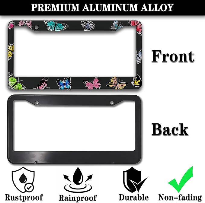 License Plate Frames for Women Multicolor License Plate Frame Holder for Men Butterfly Aluminum Metal Car Accessory 2 Pack with Screw Covers Set