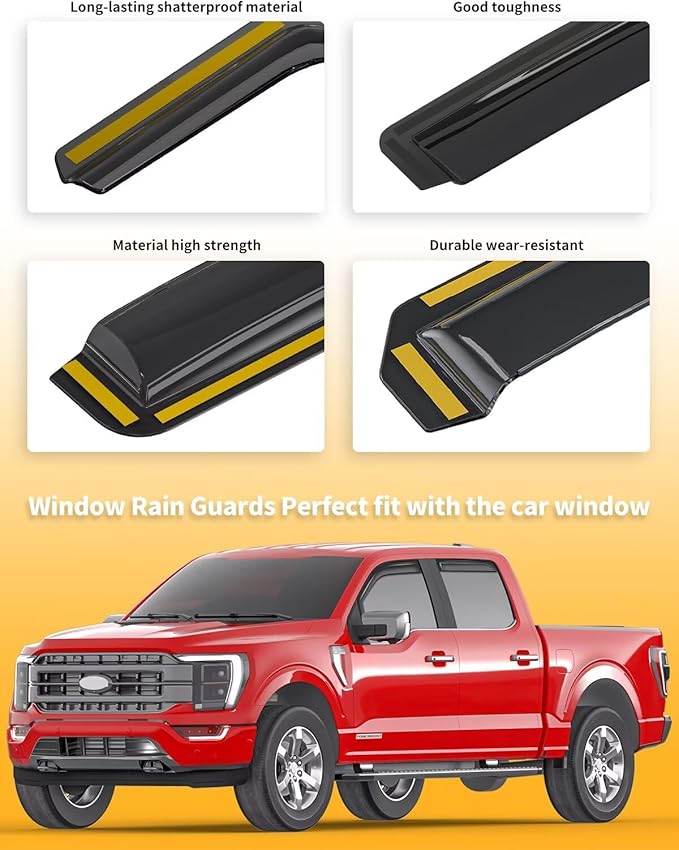 in-Channel Window Rain Guards Fit for Truck Ford F150 2021 2022 2023 2024 2025 SuperCrew Extra Durable Window Visors Window Deflectors Vent Visors Vent Shades Car Accessories-4 pcs 2-Q11-Gai