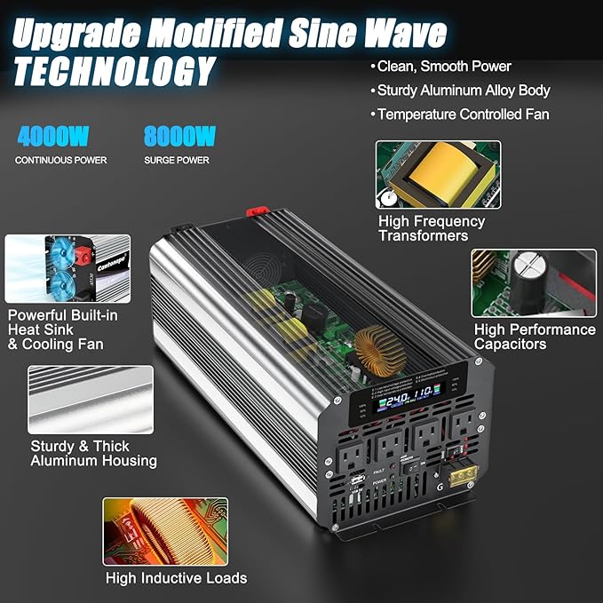 5000W Power Inverter 24V to 110V/120V DC to AC with LCD Display, Remote Controller and 4 x AC Outlets Car Adapter for Car Truck Boat RV Off Grid Solar System
