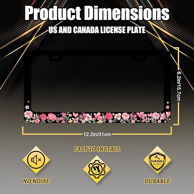 Pink Flowers License Plate Frame Colorful Floral Flower License Plate Stainless Steel Women Accessories Cars Decor 12.2 X 6.2 Inch with 2 Holes and Screws Fits Standard Us Ca Vehicles