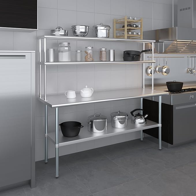 Amgood Stainless Steel Work Table Double Tier Overshelf | Metal Kitchen Prep Table & Shelving Combo (24" x 72" Work Table + 12" Overshelf)