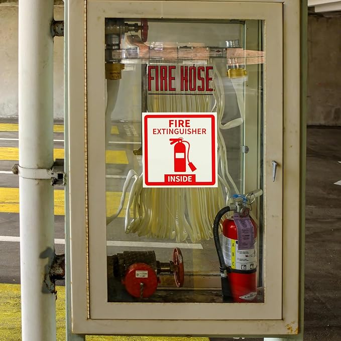 Madrigal Fire Extinguisher Inside Sticker Sign,8Pack 3x3" Self-Adhesive Vinyl, Weatherproof & UV Protected for Cars, Trailers, Rv's, Trucks and Vehicles, Red on White