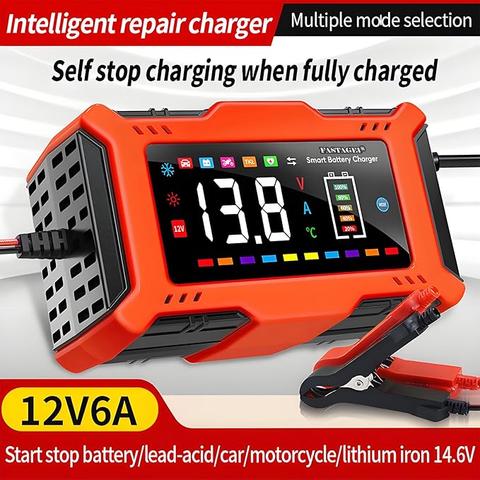 LiFePO4/Lead Acid Battery Charger Smart Battery Trickle Charger 12V 6A Automotive Battery Maintainer Desulfator Temp Compensation for Car Truck Motorcycle Lawn Mower Marine RV