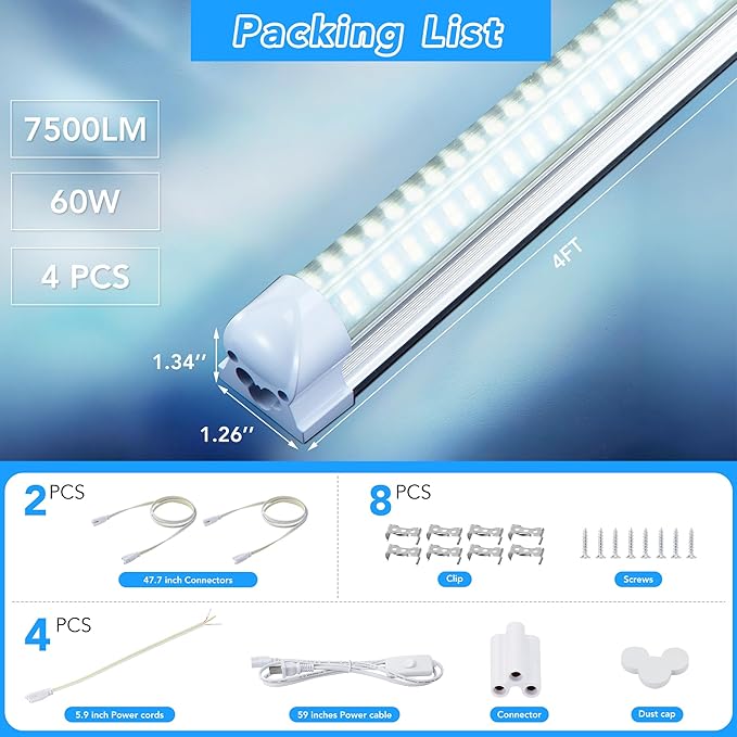 T8 LED Shop Lights, 4 Pack Garage Light 4FT 60W 9600LM 6000K, Work Lights Ceiling LED, Linkable Lighting, Plug & Play Energy-Saving for Warehouse Basement Gym Room(V4)