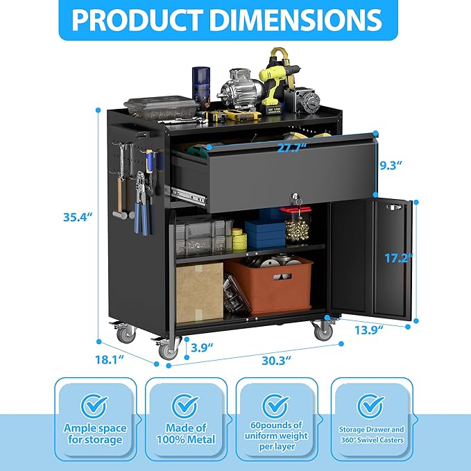 Metal Garage Storage Cabinet with Wheels and Pegboard, 35.4" H Lockable Tool Storage Cabinet with One Drawer, Adjustable Shelf and 4 Hooks for Garage, Warehouse, Black
