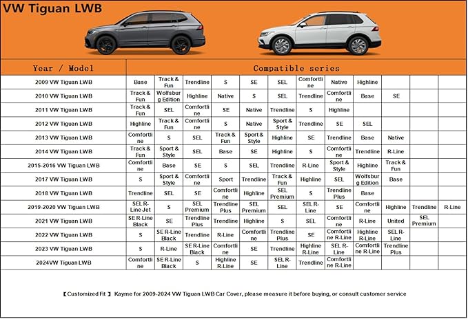 Kayme 6 Layers SUV Car Cover Custom Fit for VW Volkswagen Tiguan LWB (2018-2025) Waterproof All Weather for Automobiles, Outdoor Full Cover Rain Sun UV Protection.Silver