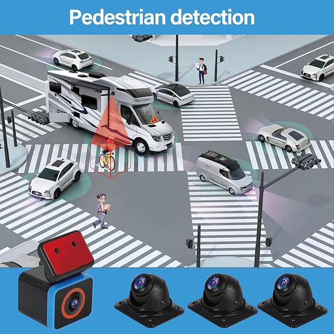 6CH RV Camera System 4G WiFi Live View GPS Tracking 10.1" AI Touch Screen Monitor with 4 Pieces 1080P Waterproof Night Vision Front Side Backup Camera Sentry Mode Blind Spot Pedestrian Detection
