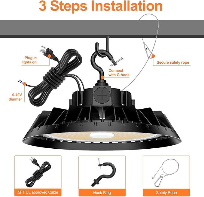 LED High Bay Lights, 150W UFO High Bay LED Shop Lights, 22500LM Adjustable CCT(5700K 5000K 4500K) & Power(150W 120W 80W), 0-10V Dimmable, 5' Cable Plug, IP65 Waterproof, ETL & DLC Listed High Bay
