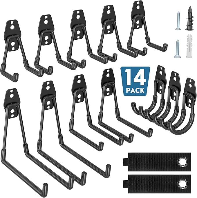 BONTEC Heavy Duty Garage Hooks, Anti-Slip Coated Black Steel with Strong Load Capacity, Multi-Sized U and J Hooks, Easy Wall Mount for Garage, Garden, Workshop (Black, 14 Pack)