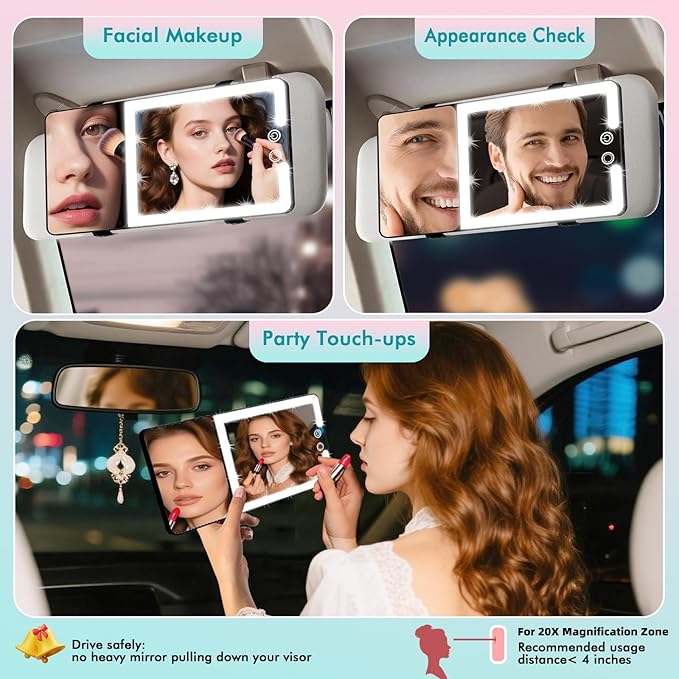 Car Sun Visor Vanity Mirror with Lights & 20X Magnification, Led Light up Makeup Mirror for Sun Visor, Rechargeable 3 Colors Dimming Light, Universal Accessories for Car SUV Truck