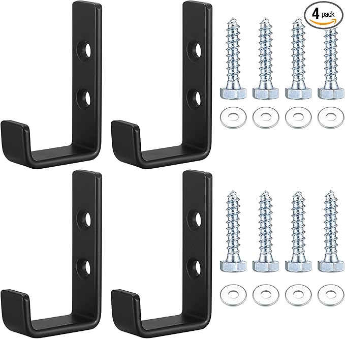 Heavy Duty Garage Hooks for Hanging, 4pcs Black Garage Storage Wall Mount J Hook Heavy Duty, J Utility Hooks for Extension Cord Tool Cable, Clothes, Keys Hook (4Pcs)