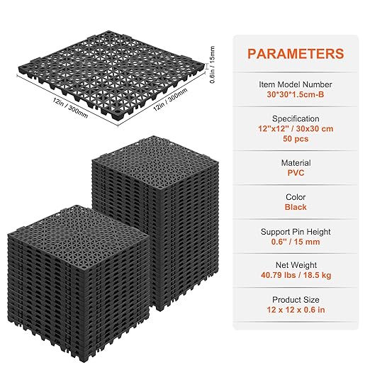 VEVOR Interlocking Tile 50PCS Black, Drainage Tiles 12" x 12" Splicing, Soft PVC Interlocking Drainage Floor Tiles, Non-Slip Drainage Holes for Restroom, Bathroom, Kitchen, Pool, Wet Areas