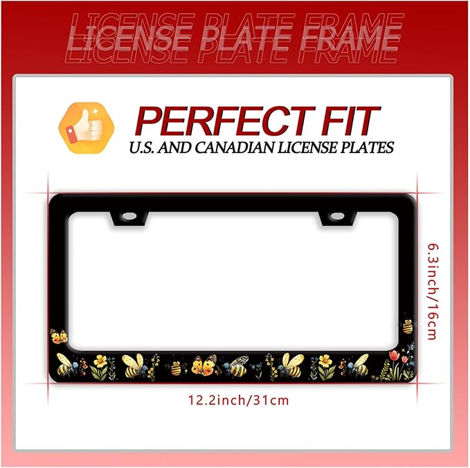 Queen Bee License Plate Frame Beautiful Butterfly Flower License Plate Holder Funny Stainless Steel Accessories Cars Decor with 2 Holes and Screws Fits Standard Us Ca Vehicles 12.2 X 6 Inch