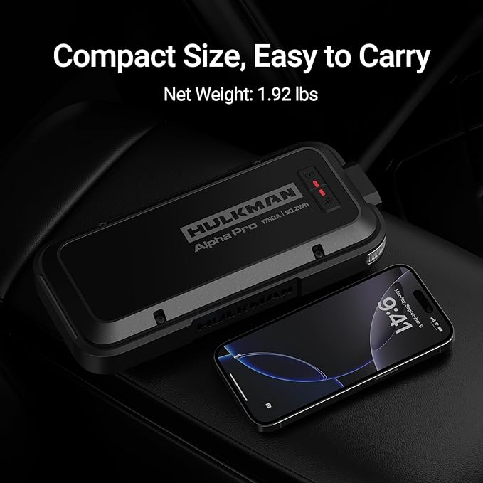 Hulkman Alpha Pro Solid Black, 1750A 59.2Wh Car Jump Starter Portable, High-Capacity Battery Booster & Jumper Cables, 3.3" Display Jump Box, PD65W in&Out, 12V Battery Pack for 8.0L Gas/5.0L Diesel