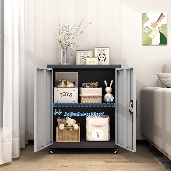 GREATMEET Garage Cabinets with Wheels,Small Storage Cabinet with Doors and Adjustable Shelves，Locking Metal Garage Storage Cabinets for Home Office Utility Room