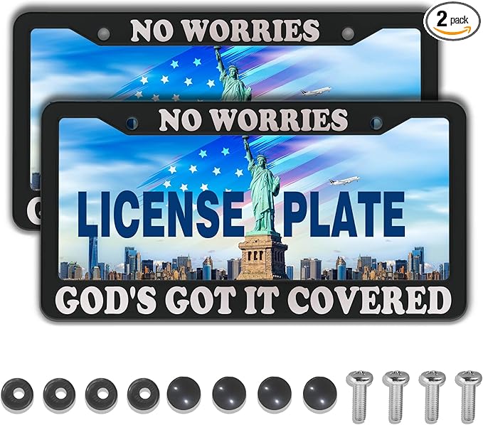 License Plate Frames Black and White License Plate Frame No Worries, God’s Got It Covered Universal Aluminum Car Accessory 2 Pack with Screw Covers Set