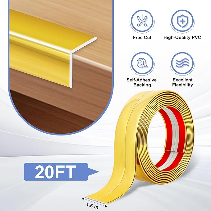 Wall Corner Protector Moulding Trim Peel and Stick Wall Corner Guards Trim Flexible Self Adhesive Edge Protector Moulding, 1.6 in x 20 Ft, Gold
