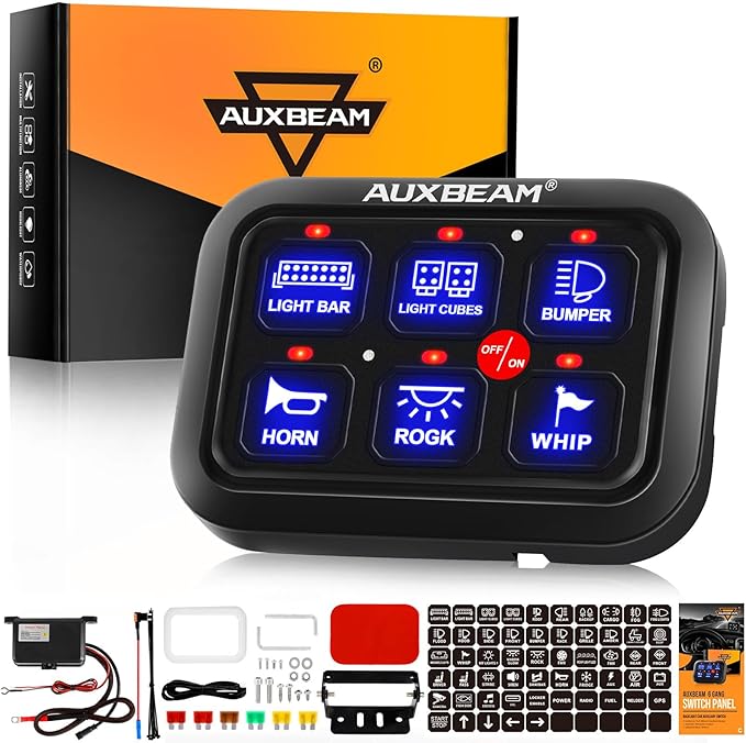 Auxbeam 6 Gang Switch Panel BC60, Universal Circuit Control Relay System Box with Automatic Dimmable On-Off LED Switch Pod Touch Switch Box for Car Pickup Truck UTV ATV Boat, 2 Years Warranty, Blue