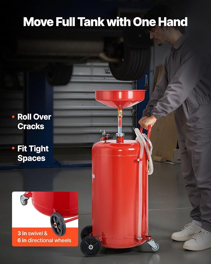 VEVOR 25 Gallon Waste Oil Drain Tank, Air Operated Portable Oil Drainer with Adjustable Funnel Height, Industrial Fluid Drain Tank with Wheels, Fluid Fuel Transfer Drainage for Auto Repair Shops, Red