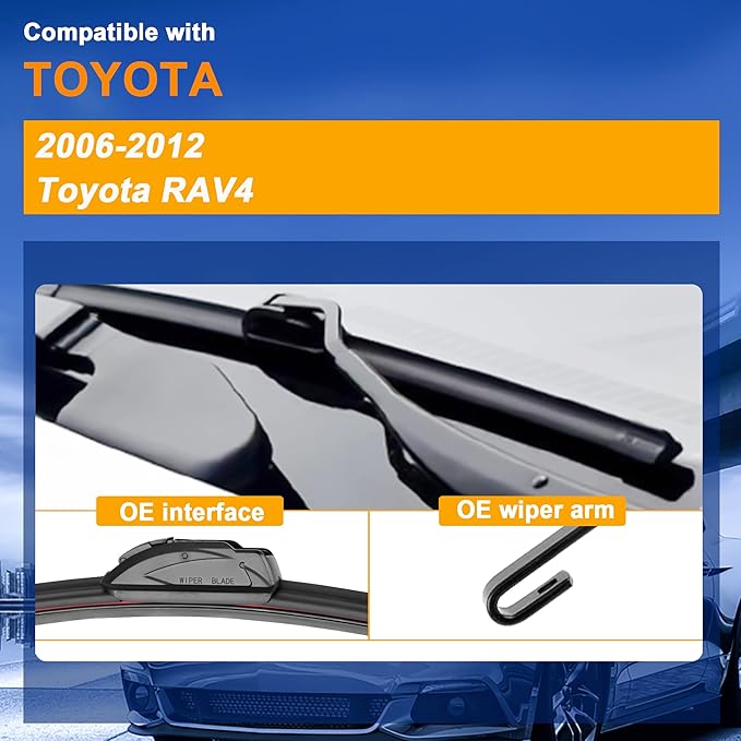 Windshield Wiper Blade Set Replacement for Toyota Rav4 2006-2012 Original Equipment Replacement Front Wiper Blades-24"/17"/12" (Set of 3) U/J Hook