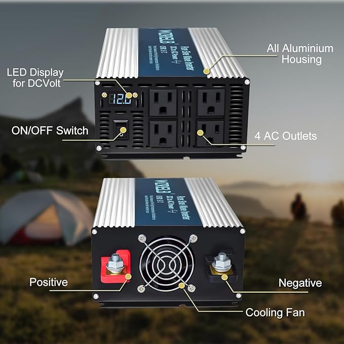 WZRELB 2000W Pure Sine Wave Inverter 12V DC to 110V 120V AC, Car Power Inverter with 4 AC Outlets, LED Display,Off-Grid Portable Power Converter for Home, RV, Truck, Camping