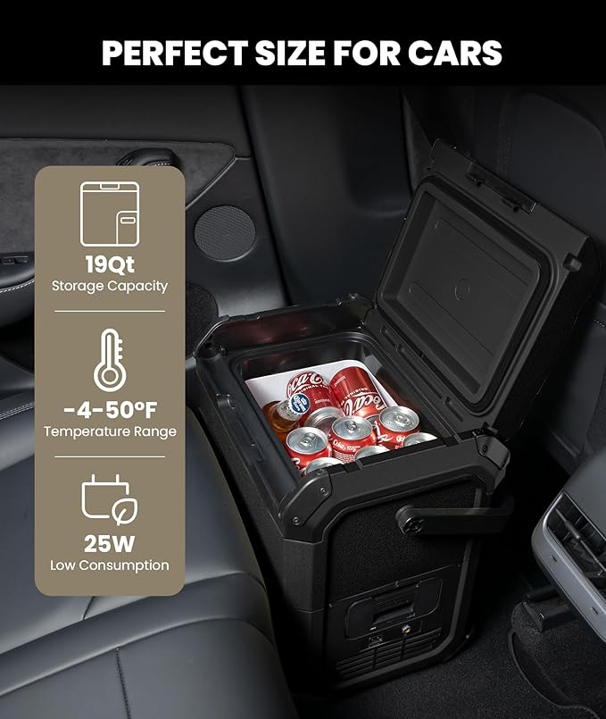 EENOUR D18 12 Volt Car Refrigerator, Portable Freezer 19Qt/18L, Compressor Electric Cooler, -4~50℉, 12/24V DC, 110~240V AC, 12V Fridge for Camping, Road Trips, RV, Truck (Battery Not Included) - Black
