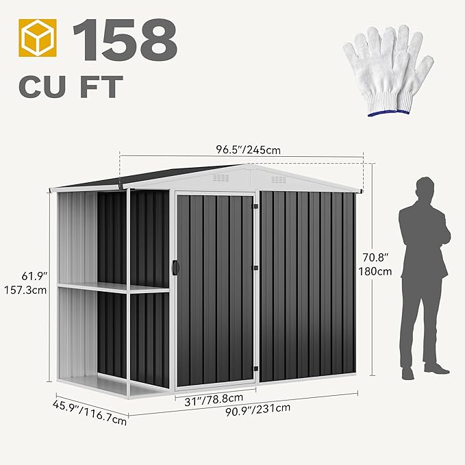 DWVO Outdoor Storage Shed 8x4FT with Rack, Metal Garden Shed with Storage Shelves, Bike Storage Tool Cabinet Box for Lawn Backyard Patio Use, Dark Gray