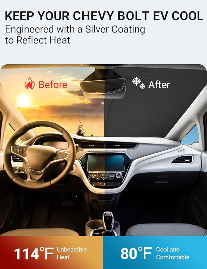 Proadsy 2025 Upgrade Windshield Sunshade Custom Fit 2017-2024 2025 Chevrolet Chevy Bolt EV LT, Premier Hatchback Reflective Heat Sun UV Protector Foldable Front Window Shade Accessories