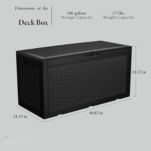 100 Gallon Resin Deck Box, Waterproof Outdoor Storage Bin for Patio Furniture, Pool Accessories, and Garden Tools, Lockable & UV-Resistant, Black