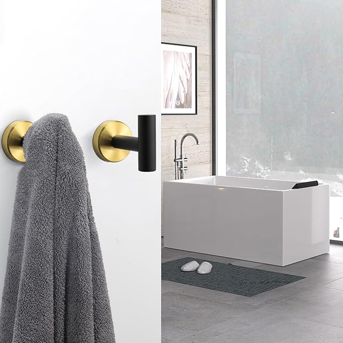 NearMoon Bath Towel Hooks- SUS 304 Stainless Steel Robe Hook Holder, Heavy Duty Coat Hook for Bathroom Livingroom Hotel Kitchen Garage, Wall Mounted (Black Gold, 4 Pack)