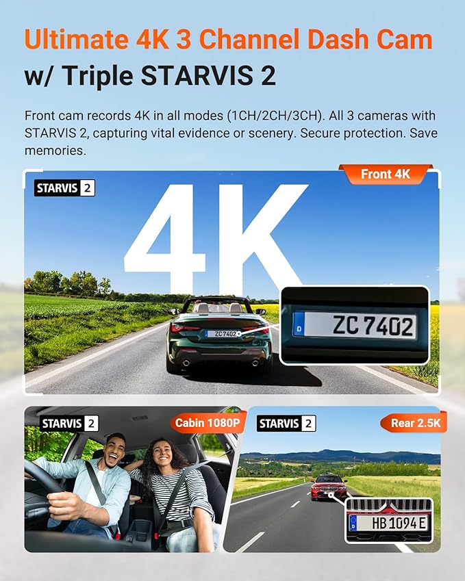 Vantrue N4 Pro S 4K 3 Channel Dash Cam w/Triple STARVIS 2, 4K+1080P+2.5K Front Inside Rear Dash Camera, HDR IR Night Vision, Voice Control, Parking Mode, GPS, Wi-Fi, Support 1TB