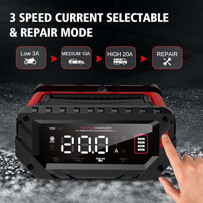 20-Amp Car Battery Charger, 12V/24V Smart Automotive Charger, Battery Maintainer, Trickle Charger for Car, Motorcycle, Boat, Lead-Acid, Lithium, LiFePo4 Battery