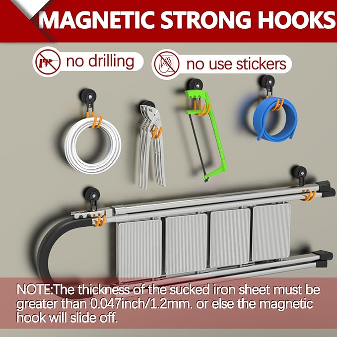 3-H Heavy Duty Magnet Garage Hooks 2 Pack, J Shape Strong Magnetic Hooks for Hanging Cordless Power Drill, Utility Magnetic Tool Holder for Metal Cabinet, Steel Pegboard, Toolbox, Garage(Orange)